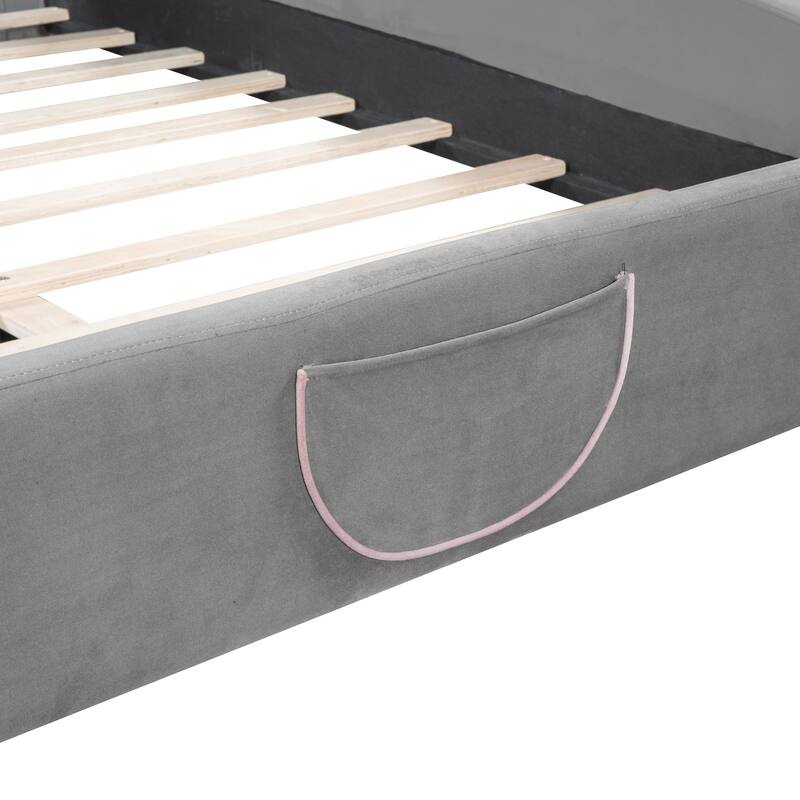 Velvet Platform Bed with Bear-Shaped Headboard and Bed-End Storage Pocket