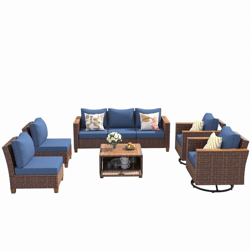 8-Piece Wicker Outdoor Conversation Set with Swivel Rocking Chairs and Acacia Wood Storage Table