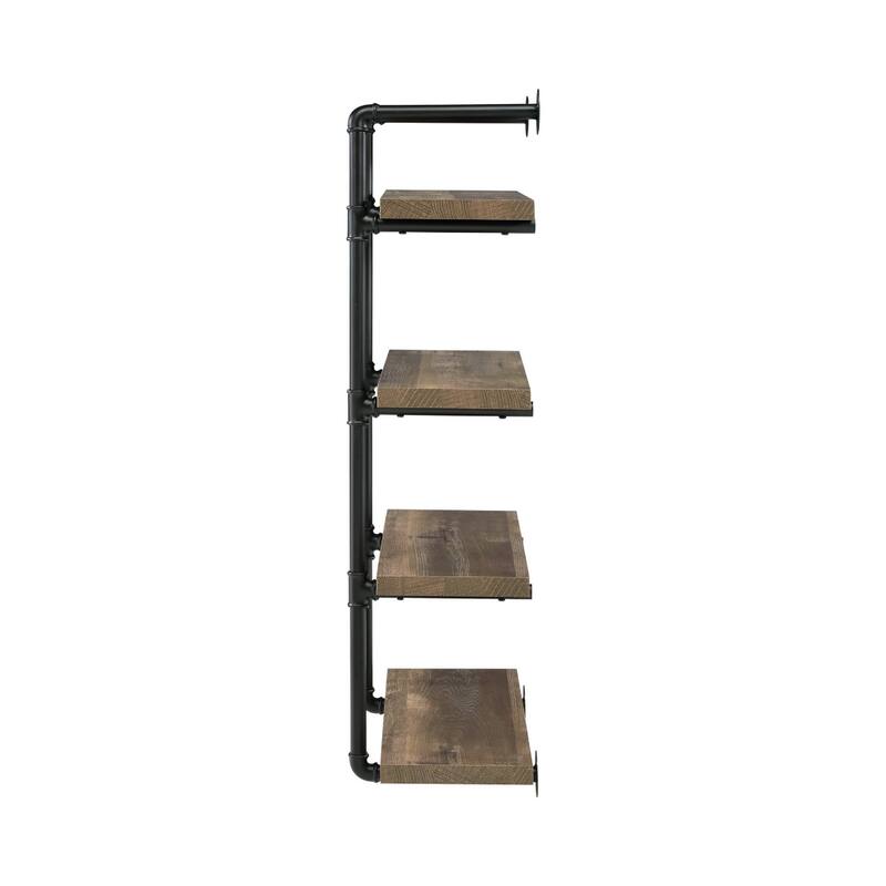 Wall Shelf with 4 Shelves and Piped Metal Frame, Brown and Black