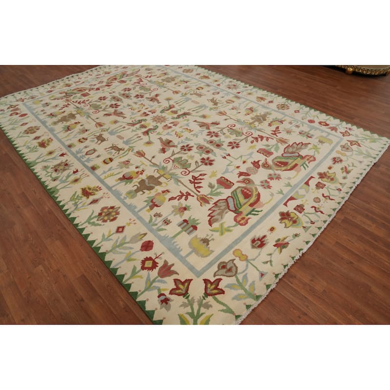 Hand-knotted Traditional Wool Beige Floral Oriental Area Rug - 12' 2'' X 9' 0''