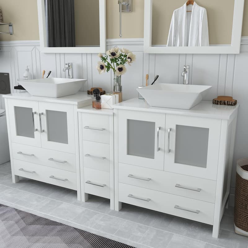 Vanity Art 72" Double Sink Bathroom Vanity Set with Engineered Marble Top Free Mirror - 72 x 18.5 x 36 Inches