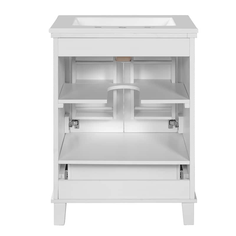 24-Inch Bathroom Vanity With Single Sink, Solid Wood Frame + Mdf, 2 Soft-Close Doors, 1 Divided Drawer, Dual Storage Shelves