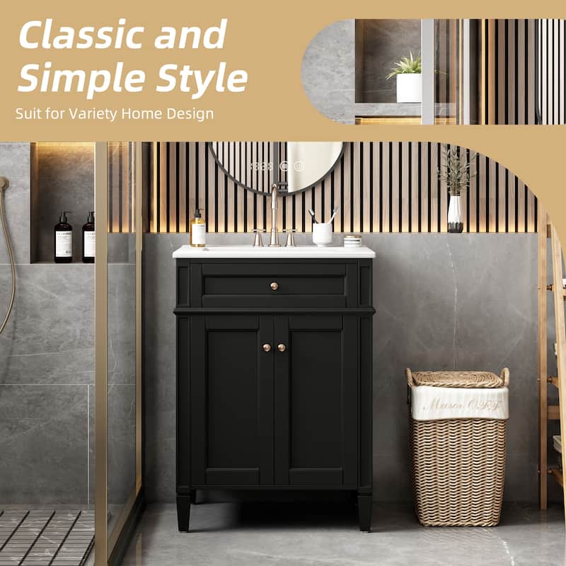 24" Bathroom Vanity With 2 Doors And Tip-Out Drawer, Bathroom Storage Cabinet With Sink, Soft-Closing Doors With Organizers