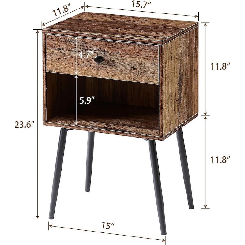 VECELO, (Set of 2) Modern 1-Drawer Brown/Grey Nightstand with Storage Shelf