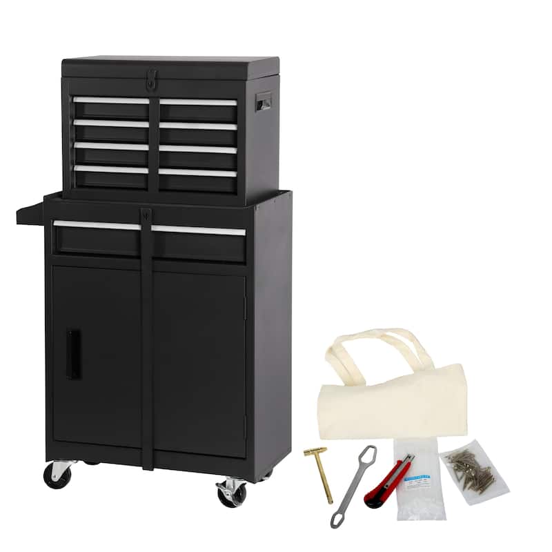 Anmytek 2 in 1 Rolling Tool Chest Garage Workshop Storage Cabinet with Wheels,Adjustable Shelf, Locking Mechanism - Black
