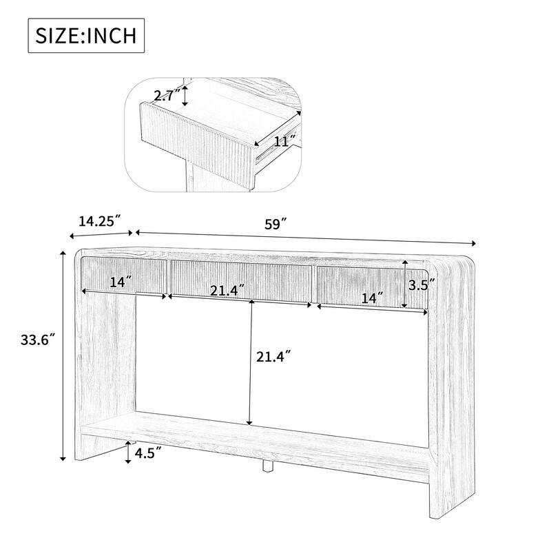 Modern 59" Console Table with 3 Drawers, Vertical Slats and Round Edge Design for Entryway or Hallway