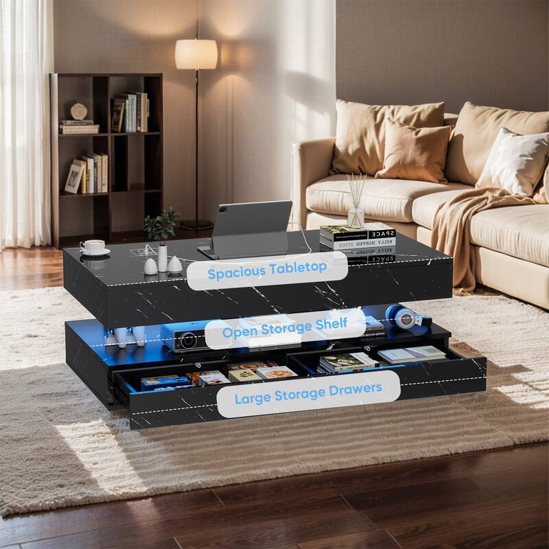 Pocassy Double-Layer Center Tables with LED Light 47.2 Inch