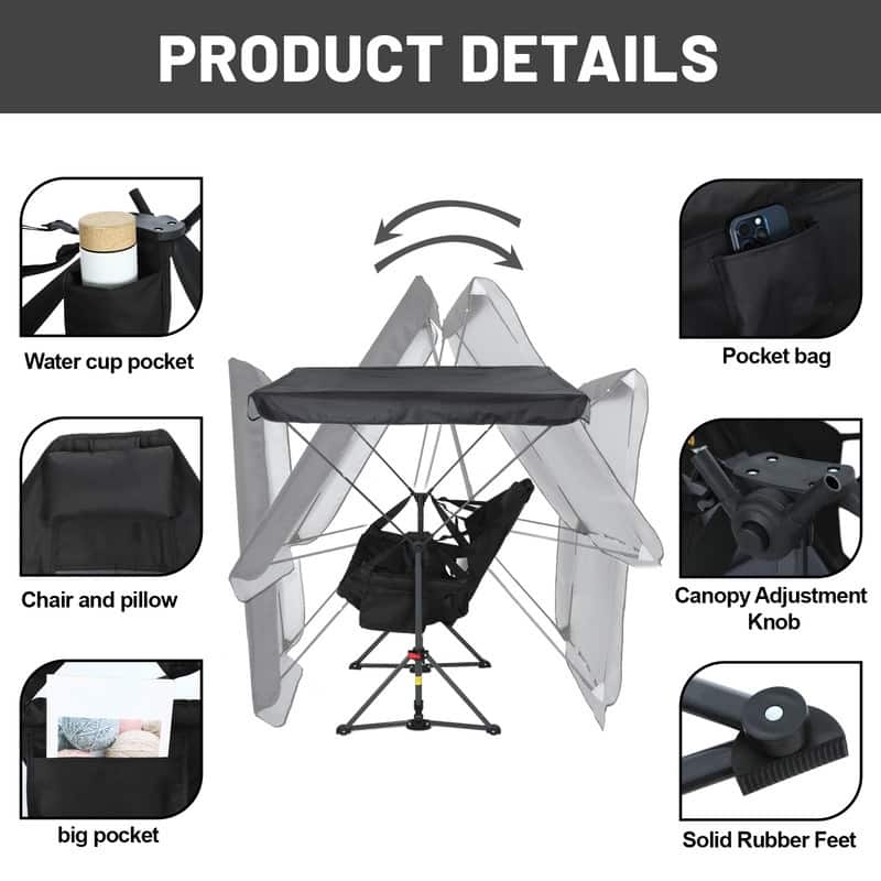 Portable Hammock Camping Chair with Adjustable Canopy, Swing Seat, Cup Holder & Folding Rocking Design