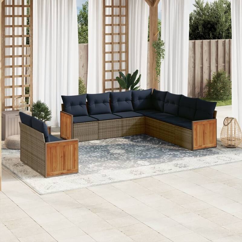 vidaXL 9/10 Piece Patio Sofa Set with Cushions Black/Gray Poly Rattan - 21.7 x 24.4 x 27.2 - Gray Without table