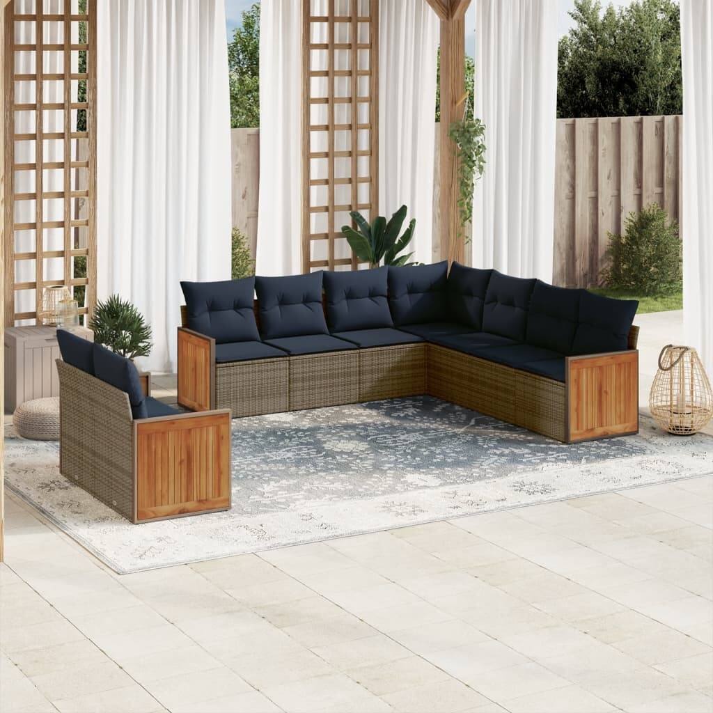 vidaXL 9/10 Piece Patio Sofa Set with Cushions Black/Gray Poly Rattan - 21.7 x 24.4 x 27.2