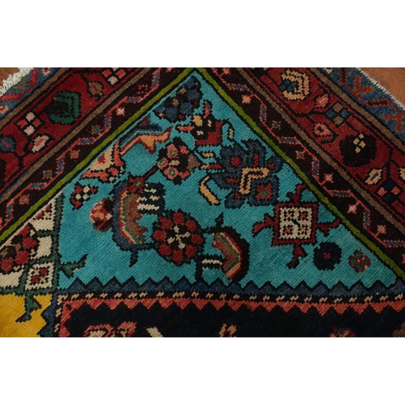 Hand Knotted Oriental 100% Wool Carpet Traditional Geometric Navy Blue & Blues Hamedan Runner Rug - 9' 7'' X 3' 6''
