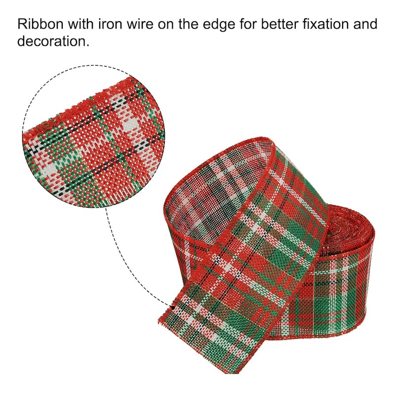2.36 Inch Wide 6.56 Yards Gingham Ribbon Wired Edge, Green Red White - 2.36 inch x 6.56 Yard (W*L)