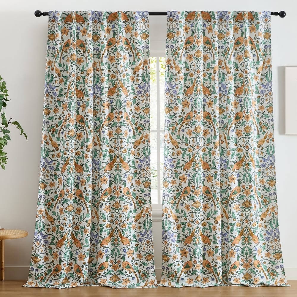 HLC.ME Florence Floral & Birds Window Back Tab Rod Pocket Curtains - Light Blocking Darkening Window Panels, Set of 2