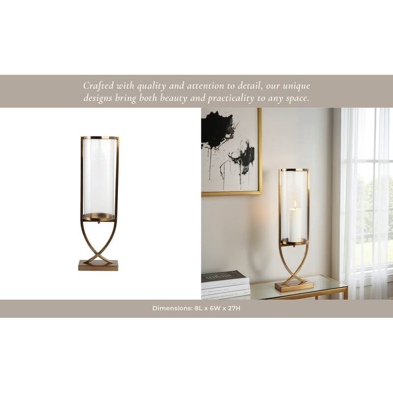 Modern Glass Pillar Candle Holder Decorative Lantern with Steel Frame