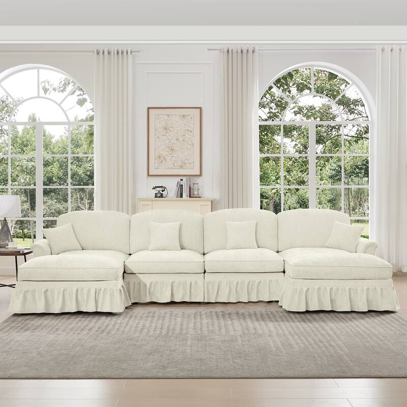 GDFStudio - Classic U-Shaped Chenille 4-Seater 137.8" Sectional Sofa with Ottomans - Beige+White
