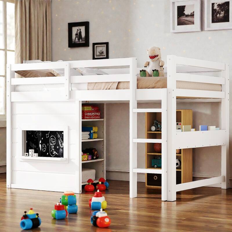 Twin/Full Loft Bed with Sliding Chalkboard, Built-in Bookshelf, Solid Wood Frame & Safety Guardrails, Kids Playhouse Bed