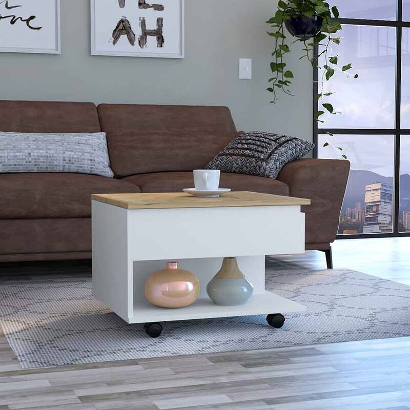 Wood Coffee Table for Living Room,One Open Shelf,Casters,for Living Room - White