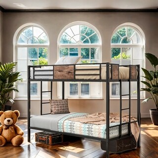 Double-Decker Iron Frame Bed with Wood Grain Decoration