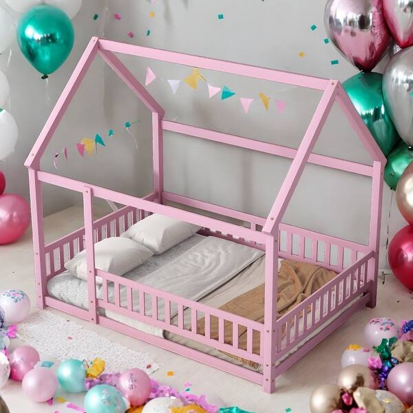 slide 2 of 13, Full Size Floor Wooden Bed House Bed with House Roof Frame and Fence Guardrails Pink