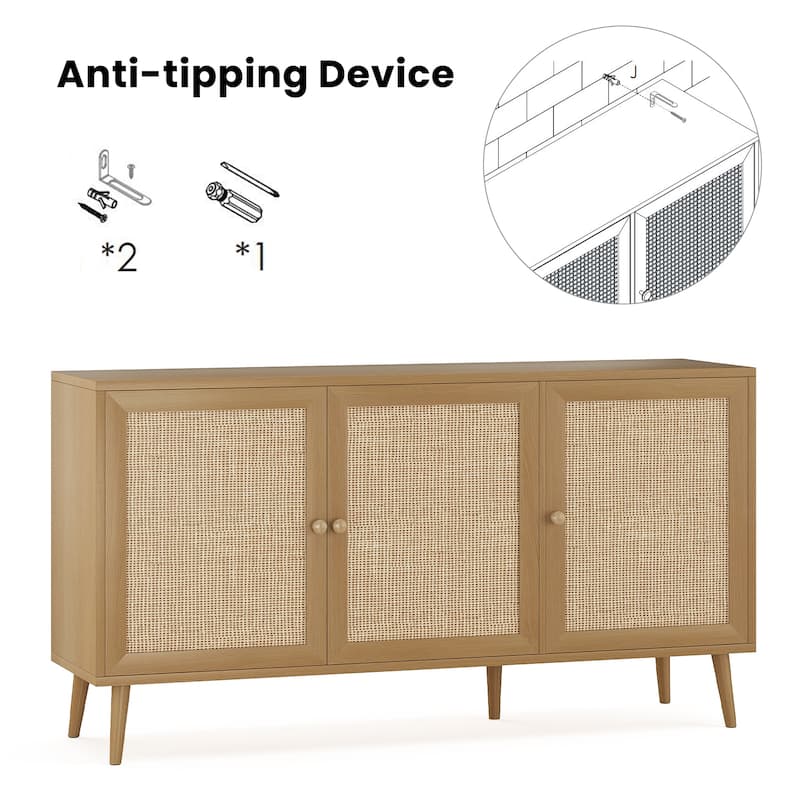Sideboard Buffet Cabinet with 3 Rattan Doors,Modern Kitchen Storage Console Cabinet for Entryway Living Room (Large)