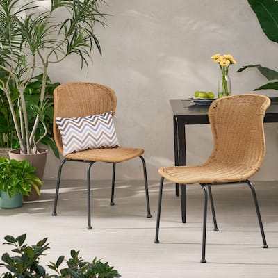 Roomfitters Wicker Outdoor Chairs Set of 2, Armless Curved Back Patio Dining Chairs with Metal Legs, Light Brown