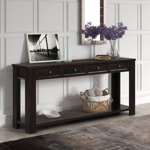 63" Solid Pine Wood Console Table with 4 Drawers and Open Storage Shelf