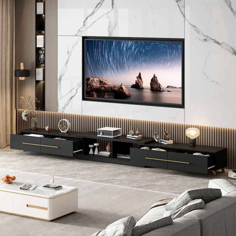 13.1"H Extendable Designs TV Stand with 4 Storage Drawer Black/White
