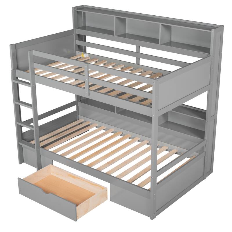 Twin Size Bunk Bed with Built-in Shelves Beside Both Upper, Down Bed, Storage Drawer, Solid Wood Bed Frame, No Box Spring Needed