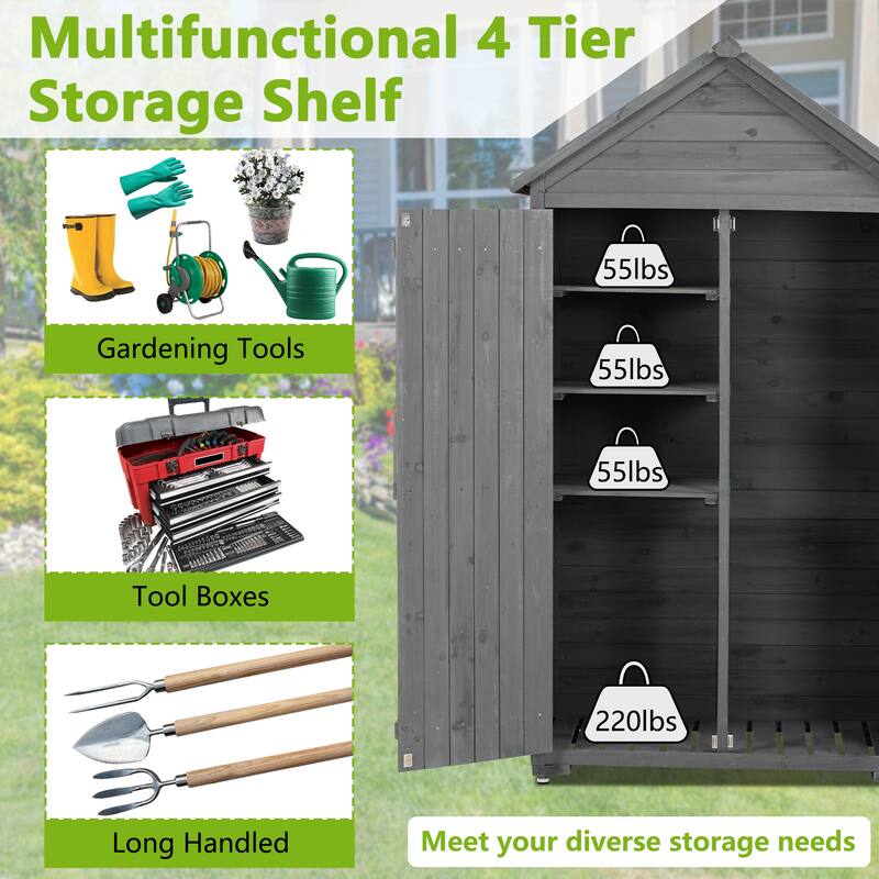 Outdoor Storage Cabinet with Removable Shelves, Wooden Closet Garden Tool Shed with Adjustable Feet, Waterproof Roof