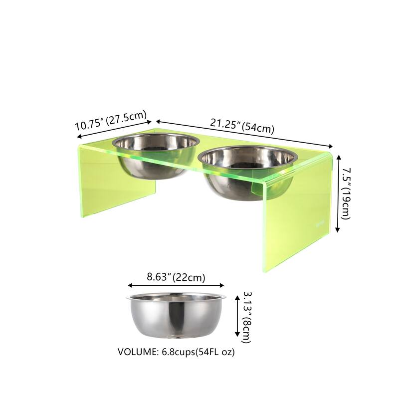 Keaton 7.5" Medium/Large Modern Lucite Rectangular Elevated Pet Feeder with 54oz 2-Stainless Steel Bowls