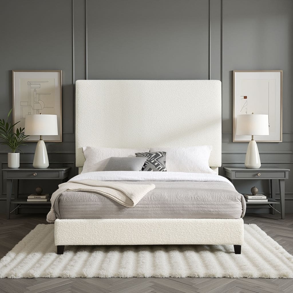 Queen Size White Boucle Upholstered Platform Bed with Padded Headboard