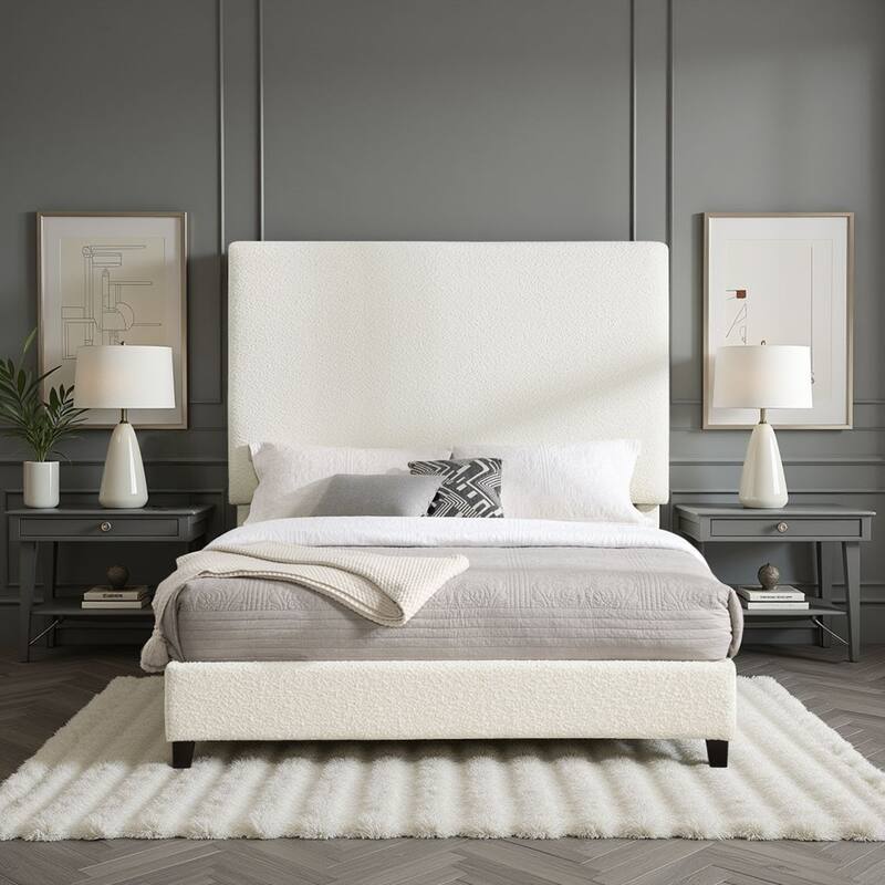 Queen Size White Boucle Upholstered Platform Bed with Padded Headboard - White