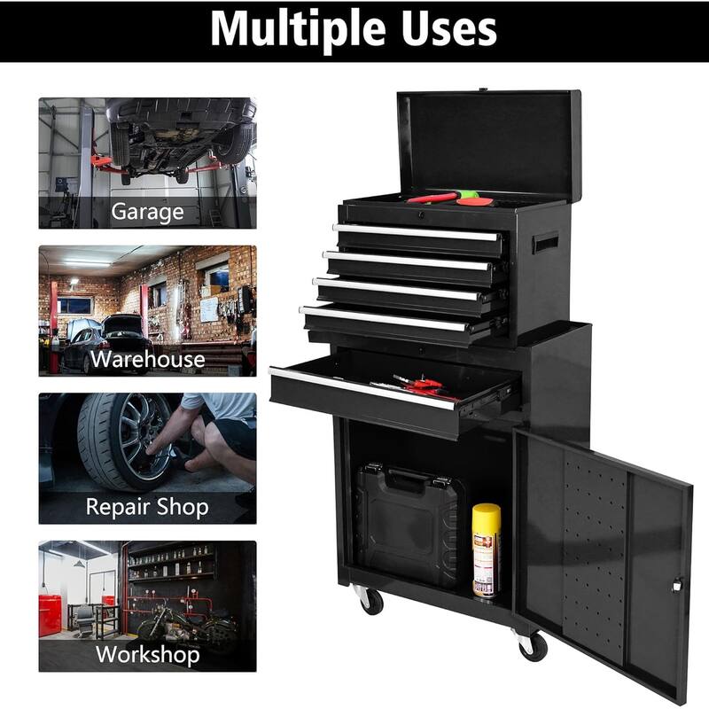 5 Drawer Detachable Tool Cabinet with Moving Wheel 2 Brakes, Tool Box - 5-Drawer - Black