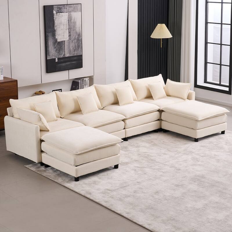 131.89" Chenille U-Shaped Sectional Sofa Bed with Sleeper & Iron Frame Support