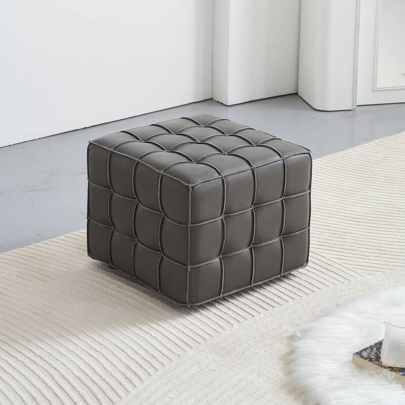 17.32" W Genuine Leather Tufted Ottoman,Footstool for Living Room & Bedroom,Grey
