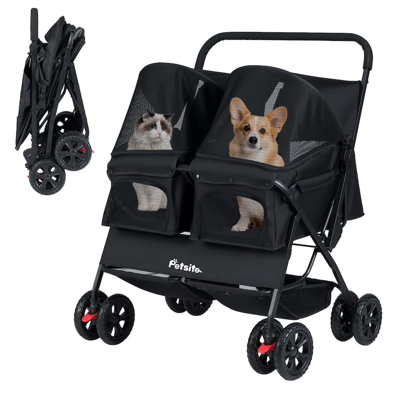 Gymax Double Pet Stroller w/ 2-seater Carrier Adjustable Sunshade - Black