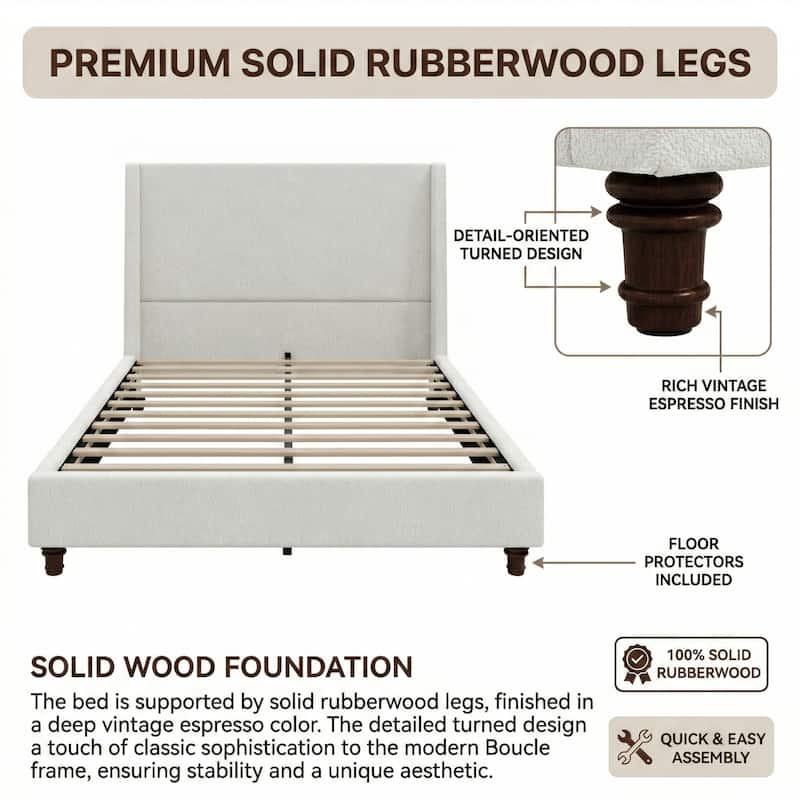 Christopher Knight Home - Modern 52.7" Tall Wingback Boucle Upholstered Platform Bed Frame with Solid Wood Legs & Slat Support