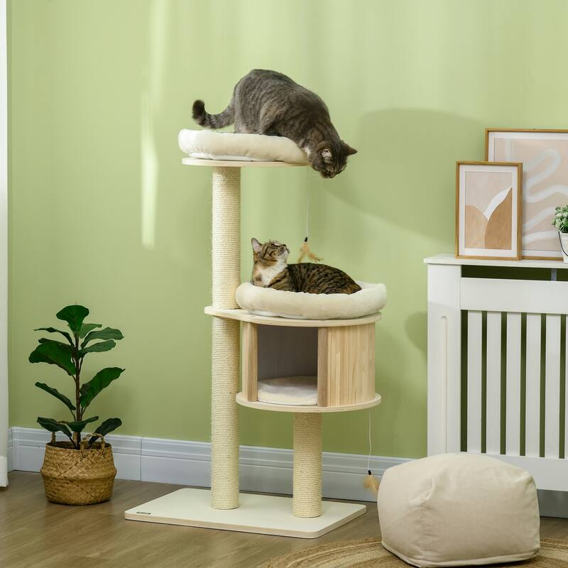 3-Level Cat Tree with Sisal Scratching Posts, Fun Cat Badminton Toy for Playing, Soft Cushions, & Play Areas - Natural