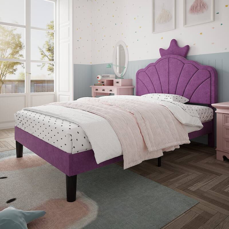 Javlergo 2-Piece Purple Twin Bed Frame for Kids Wavy Headboard with Crown Design Adjustable Height No Box Spring Required