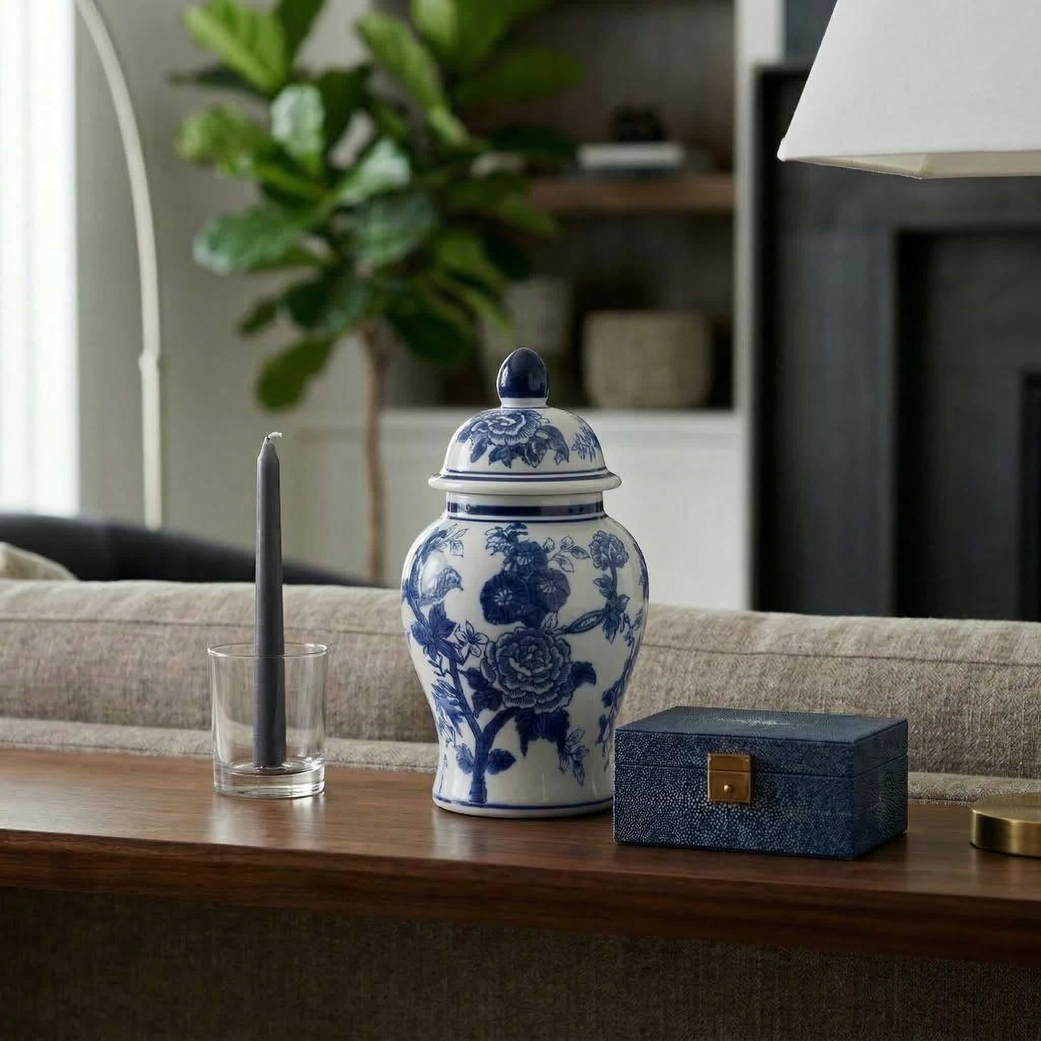 Decorative Ceramic Chinoiserie Bird and Flower Temple Jar