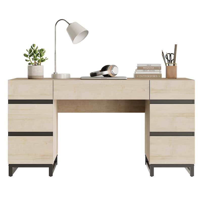WAMPAT 59" Modern Executive Desk with Drawers & Charging Station, Wood Office Desk for Bedroom, Living Room, Home Office.