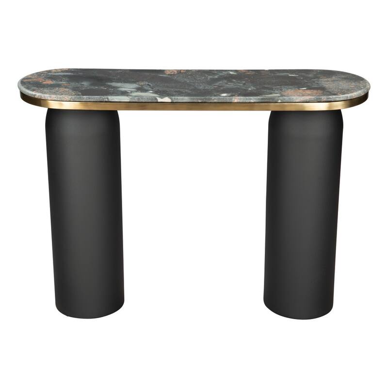 HomeRoots 43" Black and Gold Genuine Marble and Steel Double Pedestal Console Table - 43.00 in. x 30.30 in. x 13.00 in.