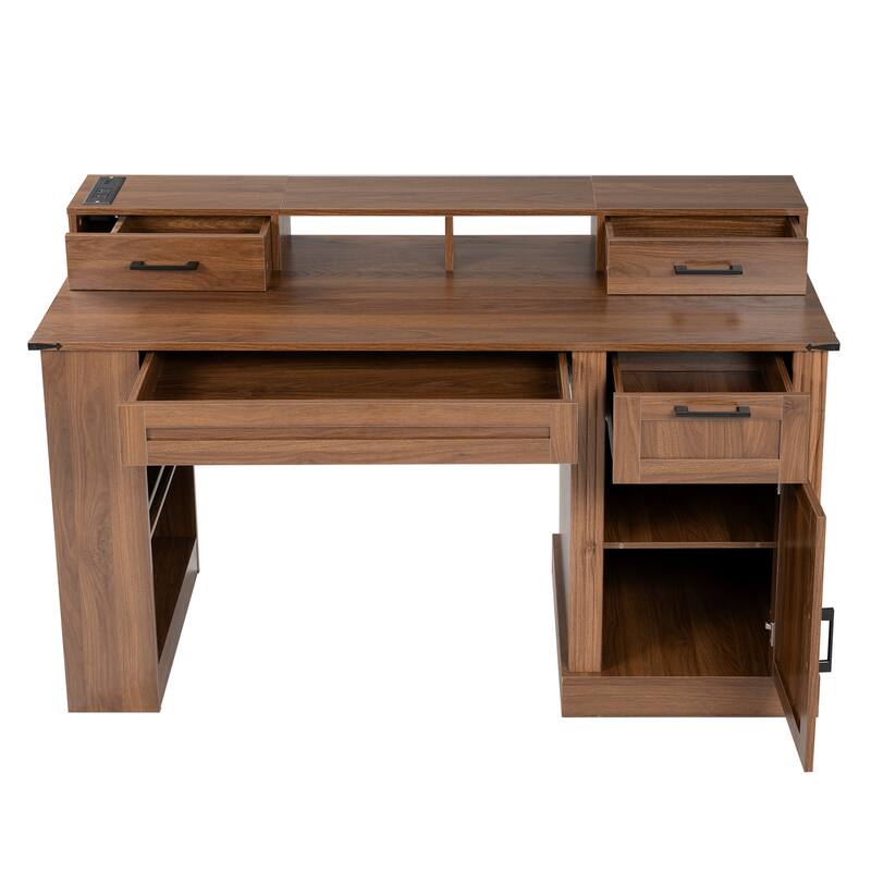 55" Farmhouse Office Desk Workstation with Storage Cabinet, Computer Writing Desk Table with Charging Station, Keyboard Tray