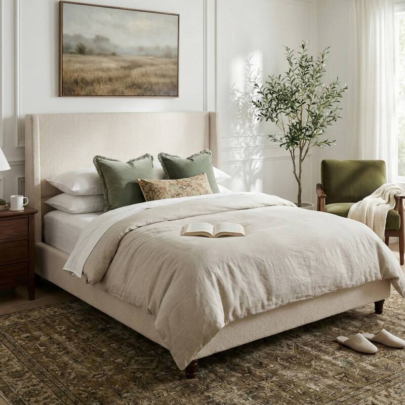 Christopher Knight Home - Modern 52.7" Tall Wingback Boucle Upholstered Platform Bed Frame with Solid Wood Legs & Slat Support