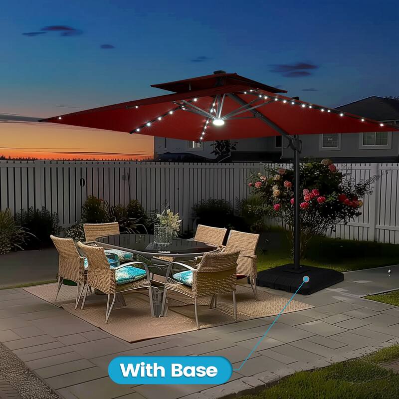 9 x 11 FT Outdoor LED Lighted Patio Cantilever Umbrella with 4-Piece Fillable Weighted Base