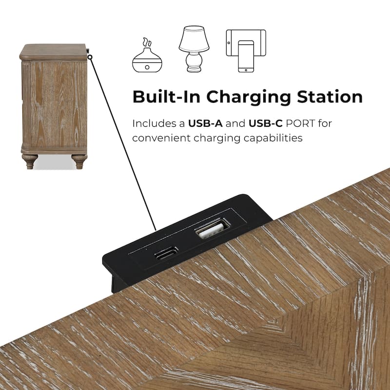 Furniture of America Aveline Modern Rustic Oak Solid Wood 2-Drawer Nightstand With USB Ports (Set of 2)