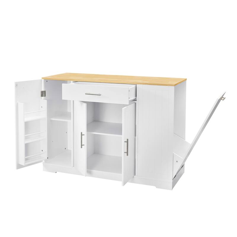 Kitchen Island with Hidden Trash Can, Multi Functional Mobile Island Table, Breakfast Bar with Drawer & Adjustable Shelves