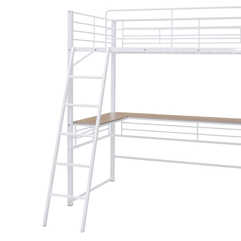 Metal Loft Bed with Under Bed L-shaped Desk and 3 Storage Shelves, Movable Ladder High Loft Bed