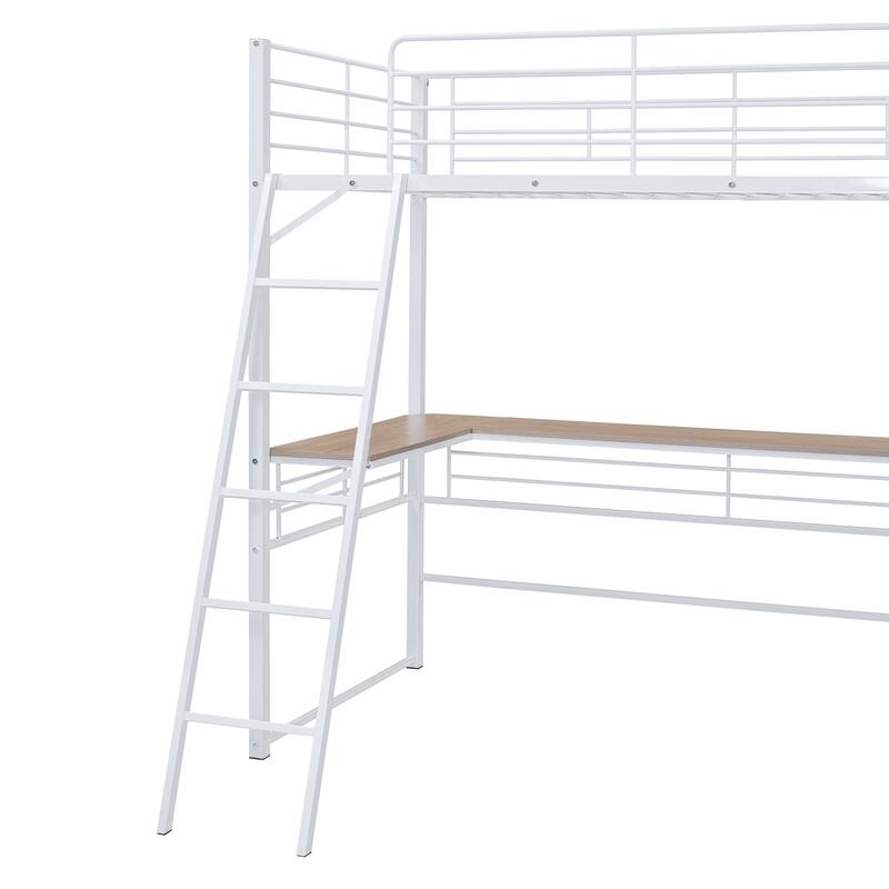 Metal Loft Bed Frame with Versatile L-Shaped Desk and Storage Shelves, Interchangeable Ladder, Space-Saving, Noise Free