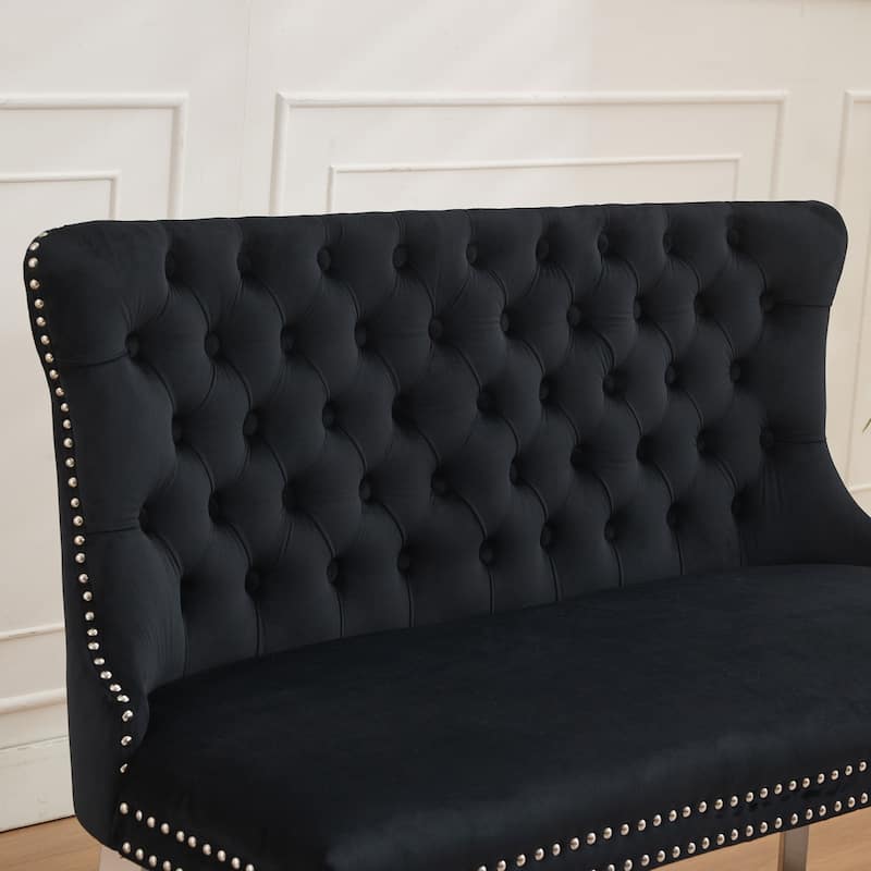 Velvet Double Dining Loveseat Bench, 2-Seat Tufted Bench w/Handmade Buttons, Wing Back, Gold-Plated Steel Legs, Single Pack